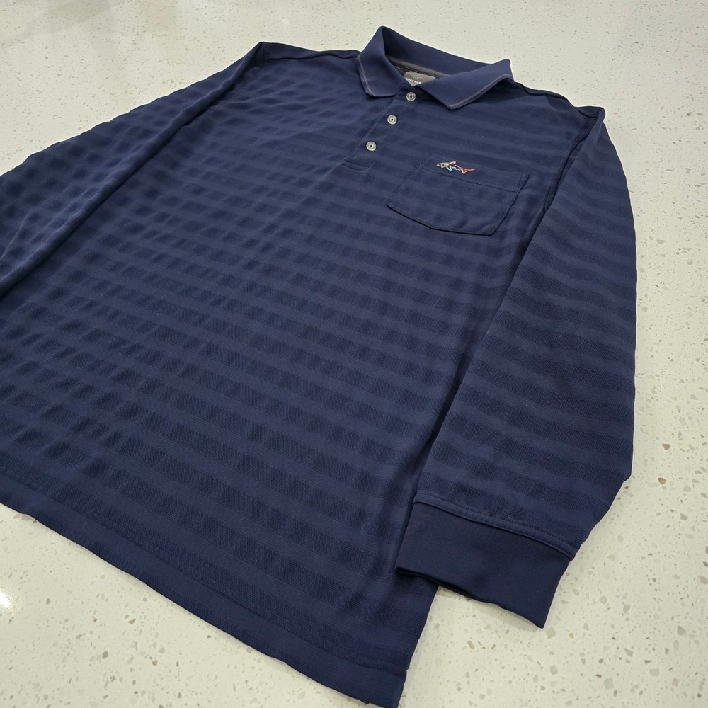 Greg Norman Tasso Elba Mens Large Navy Blue Long Sleeve Polo Shirt PlayDry Shark